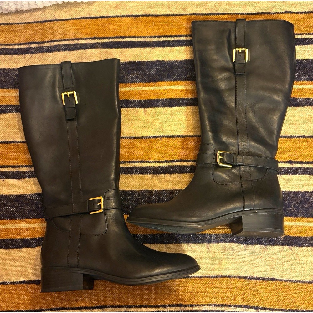 Lauren Ralph Lauren Riding Boots 7.5 Black Leather Monica-W Wide Calf Knee High